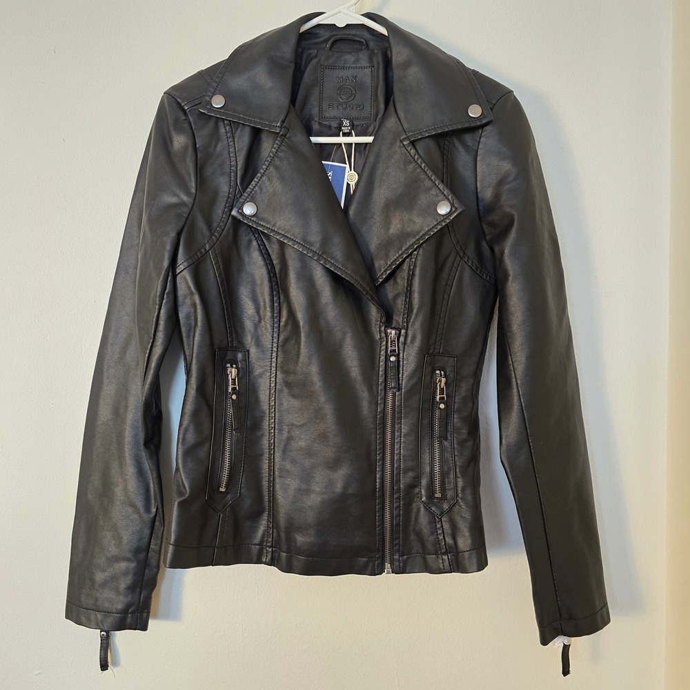 Max Studio Leather Jacket Black Moto NWT Womens XS Black Faux Leather